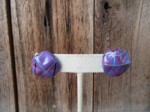 80s Purple Resin Button Earrings | Criss Cross Me… - image 2