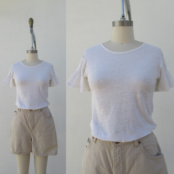 90s Ruffle Sleeve White Linen Jersey Tee Shirt | … - image 4