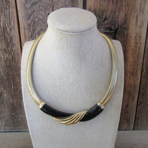 80s 90s Black Enamel Gold Tone Slinky Necklace | Art Deco Revival Swirl Necklace | Snake Necklace | Egyptian Revival Choker