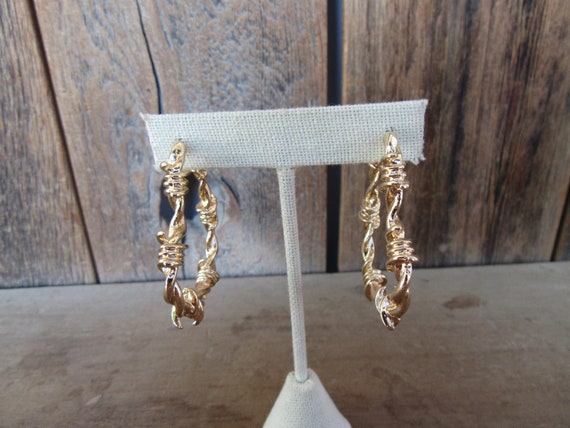 90s Earrings | Large Gold Tone Barbed Wire Heart … - image 2