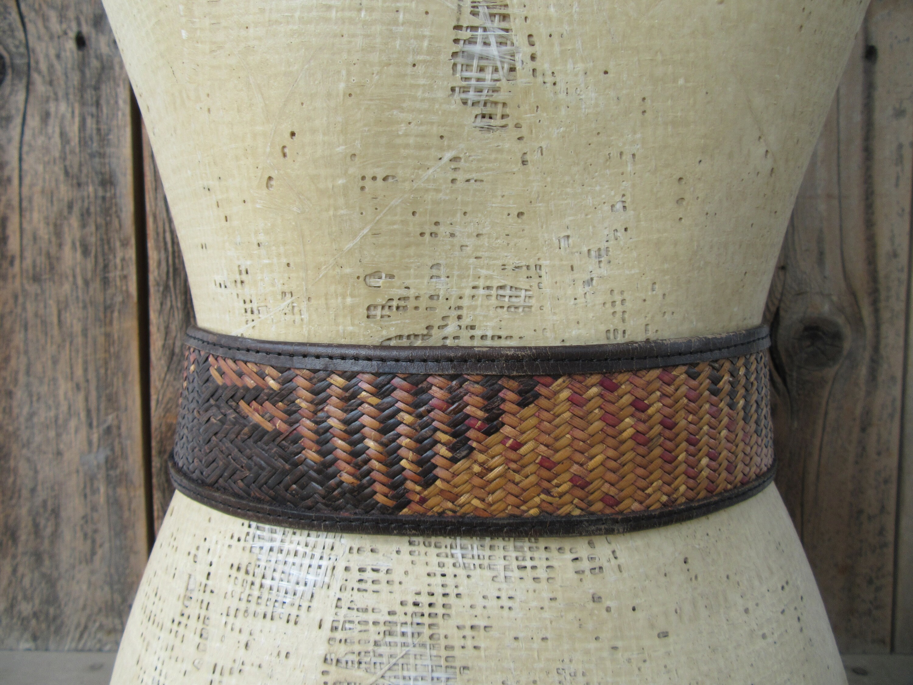 70s 80s Leather and Wicker Wide Waist Belt | Raffia Belt 