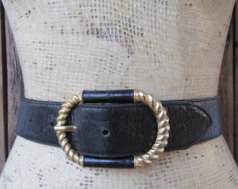 80s 90s Wide Black Moc Croc Leather Waist Belt | Croco Leather Statement Belt | 90s Croc Leather Business Casual Minimalist Belt | 26 to 29