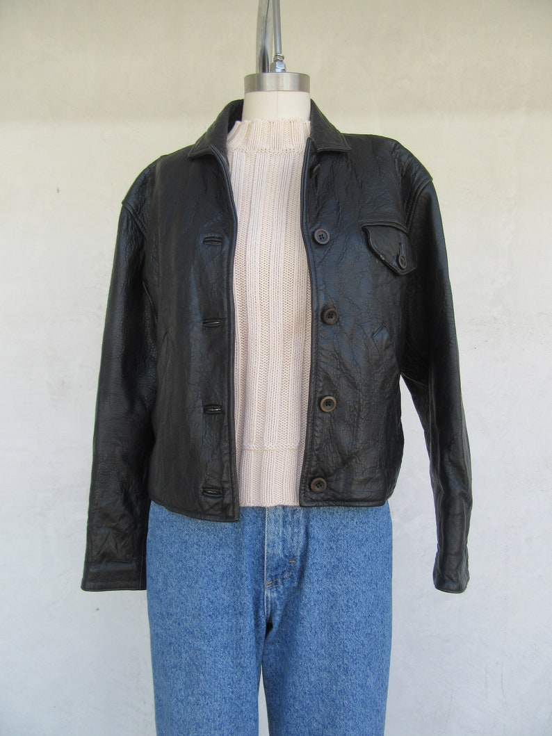 90s Cropped Black Leather Jacket S Ann Taylor Cropped Black Leather Jacket Coat Blazer Duster Minimalist Leather Jacket