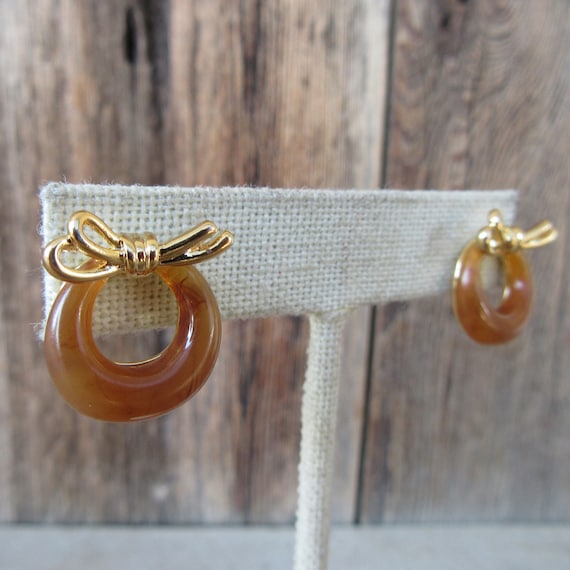 90s Earrings | Gold Tone Bow Faux Tortoise Brown … - image 1