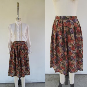 80s Botanical Midi Pleated High Waist Skirt | Floral Print Skirt | Cotton Blend Skirt | Knee Length Day Skirt | 26 Waist