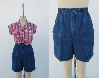 80er 90er Jahre High Plissee Denim Mom Shorts | High Rise Jeans Shorts | 80er High Waist Plissee Longline Bermuda Baumwolle Shorts | Taille 24 bis 27