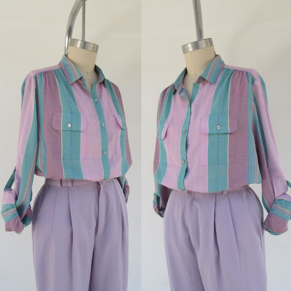 Camicia anni '80 in misto cotone pastello a righe raccolte con bottoni sul davanti, camicetta a maniche lunghe squadrata, camicetta preppy Pastelcore Cottagecore, taglia L