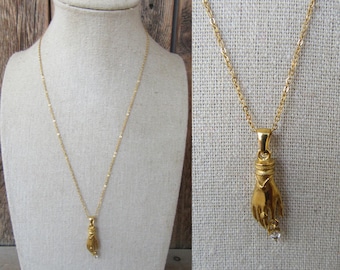90s Gold Tone Dainty Victorian Hand Bejeweled Necklace | Minimal Chain 18.5" Necklace