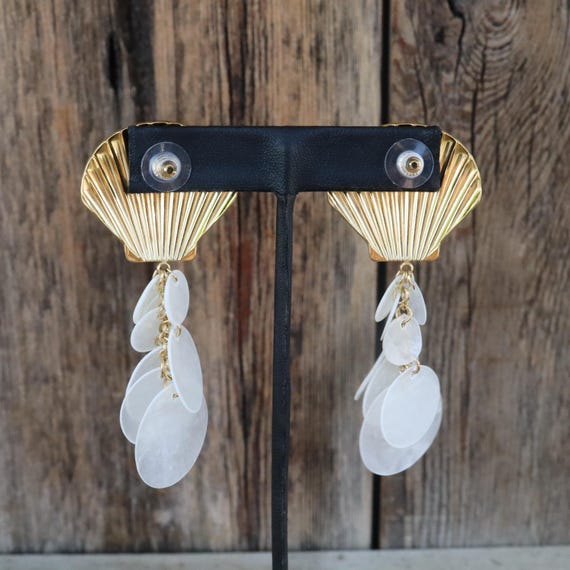 90s Large Shell Dangle Statement Earrings | Nauti… - image 4