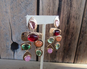 90s Cabochon Gold Tone Dangle Earrings | Glam Pounded Hammered Metal and Cabochon Modernist Cocktail Earrings