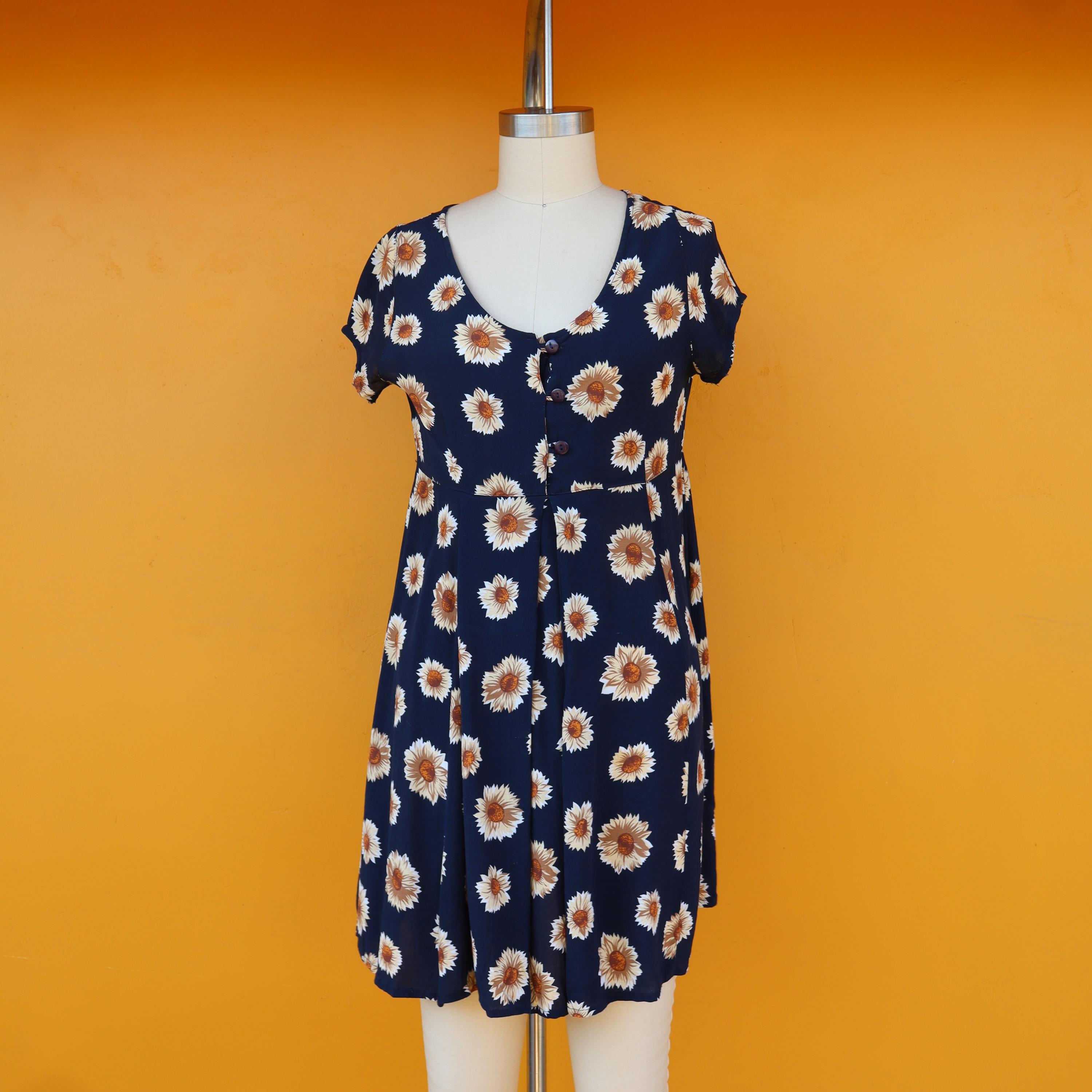 navy blue dress for baby girl 90s Floral Dress 90s Grunge Sunflower Dress Floral Mini Dress