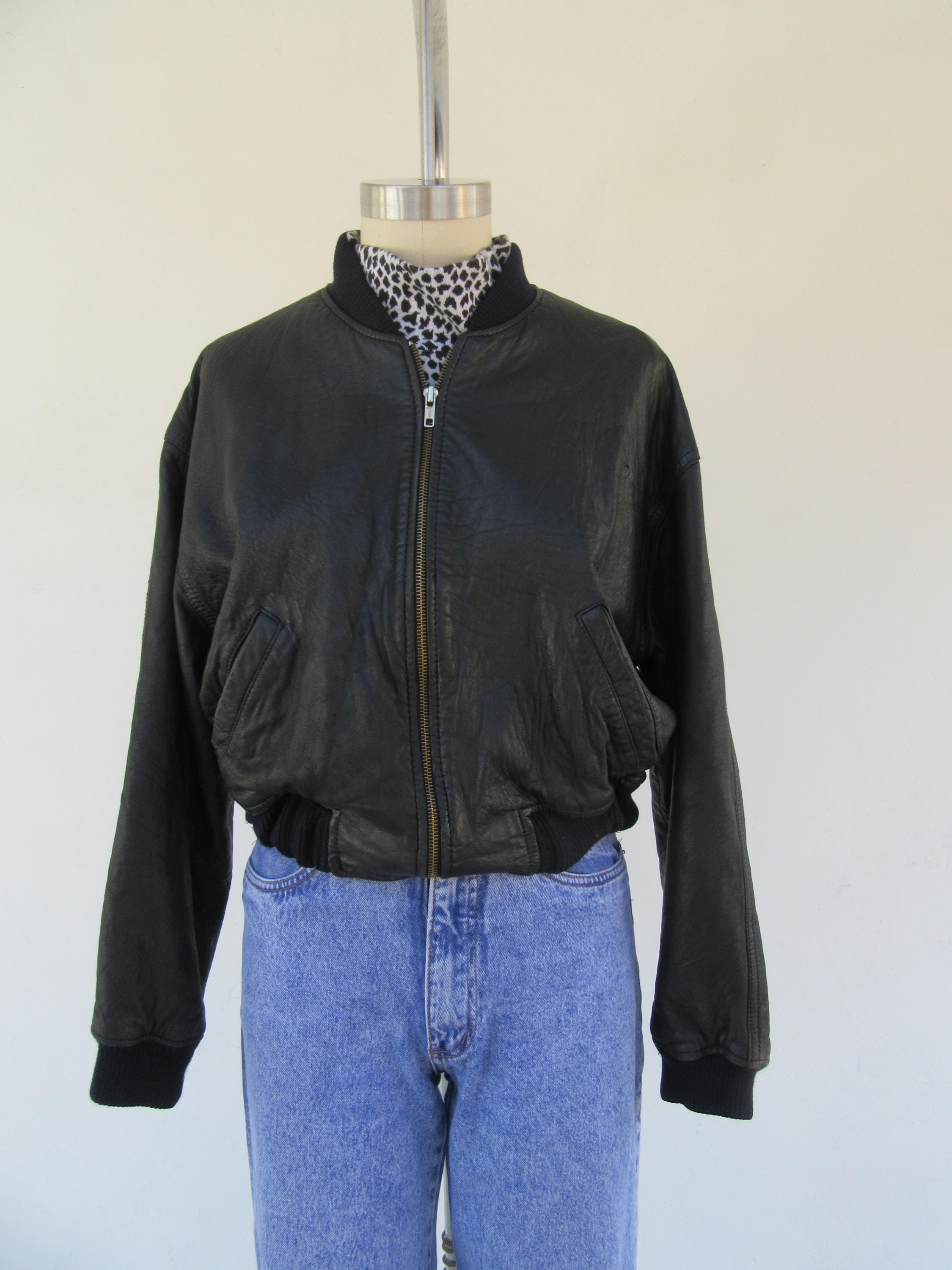 90s Cropped Black Leather Bomber Jacket | The LIMITED Thick Shorty Banded Bottom Leather Jacket | Size M 90s Cropped Black Leather Bomber Jacket | The LIMITED Thick Shorty Banded Bottom Leather Jacket | Size M