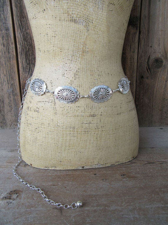 80s 90s Metal Concho Belt Faux Silver Southwest Cowgirl Cowboy