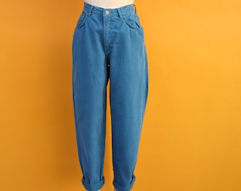 90s Teal Blue Denim High Waist Five Six Pocket Mom Jeans | Tapered Leg High Rise 100% Cotton Jeans | 27 x 31