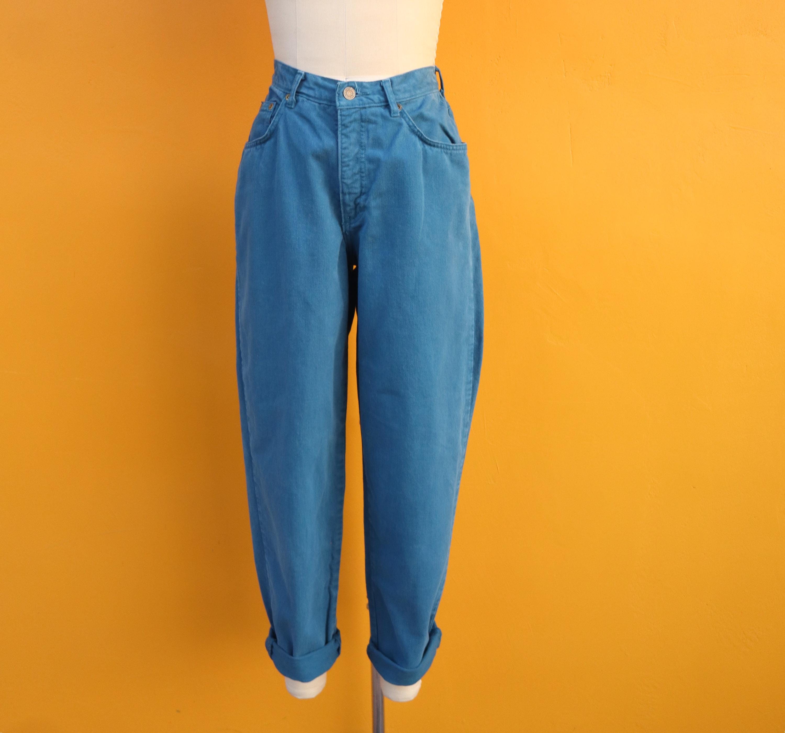 90s Teal Blue Denim High Waist Five Six Pocket Mom Jeans | Tapered
