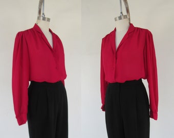 80s Rose Crepe Puff Shoulder Secretary Blouse | Gathered Front Button Up Long Sleeve Business Casual Top Shirt | M