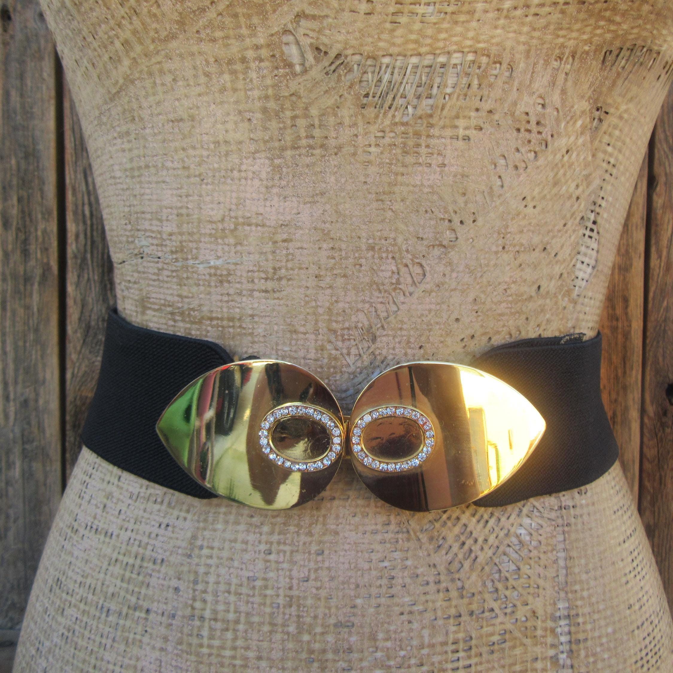 1980s Black Rhinestone Buckle Stretch Belt | 80s Bejeweled  display picture 1