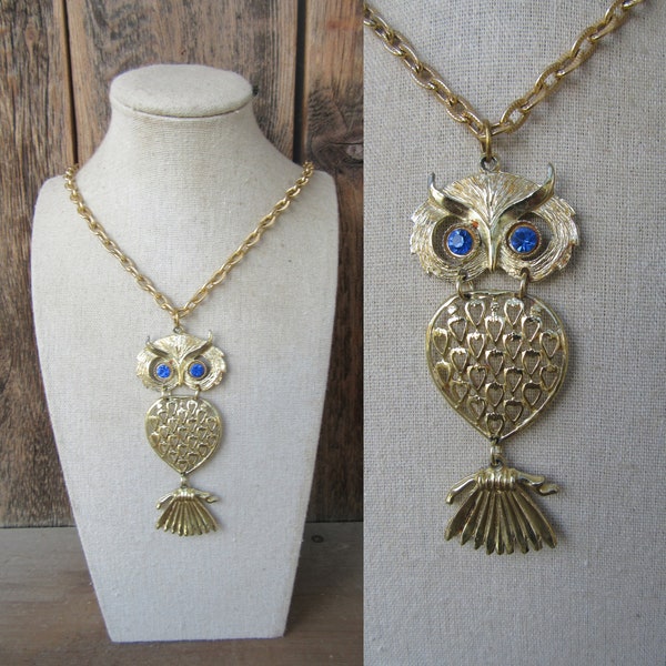 70s MCM Big Eye Owl Gold Tone Necklace | 60s Mod Figural Cutout Articulated Owl Pendant | Boho Hippie Festival Chic 22" Gold Chain Necklace