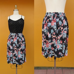 90er Jahre Esprit Viskose schwarz Floral Botanischer Faltenrock | High Rise Taille Midi Grunge Dark Academia Rock | Groß