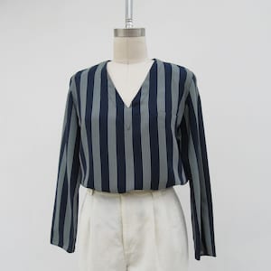 90s GIORGIO ARMANI Navy and Gray Striped Long Sleeve All Silk Blouse | V Neck Minimal Silk Secretary Shirt Top | L