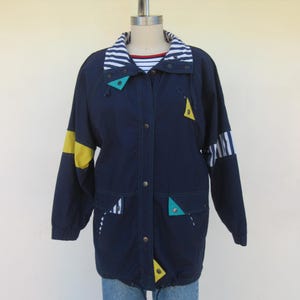 80s 90s New Wave Memphis Style Jacket | Striped Color Block Navy Yellow Teal White Coat | Nautical Button Front Colorblock Jacket | Size M