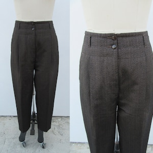 80s 90s Textured Patterned Pleated High Waist Trousers | Black and Brown High Rise Dark Academia Pants | Business Casual Slacks | 30 Waist