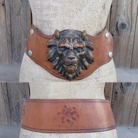70s Wide Leather Corset Belt | Lion Head Belt | Ex