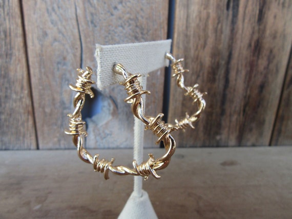 90s Earrings | Large Gold Tone Barbed Wire Heart … - image 1