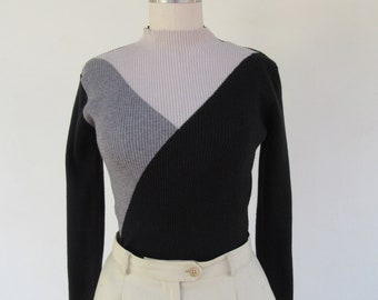 90s Ribbed Knit Top | High Neck Mockneck Gray Black and Beige Knit Top | Minimal Minimalist Knit Shirt | S