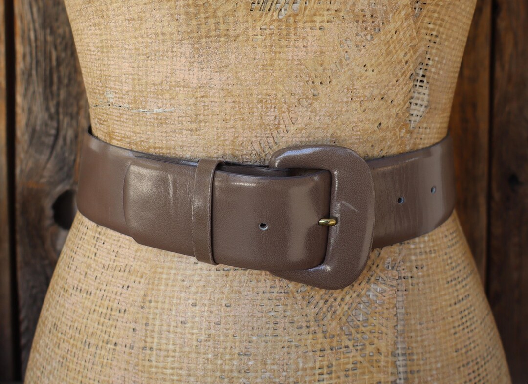 80s Dark Taupe Leather Wide Waist Belt | Brown Leather  display picture 3