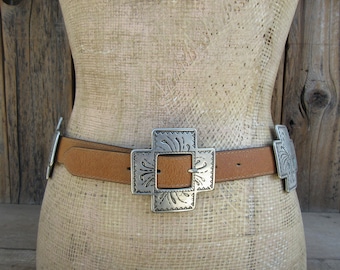 NOS 80s 90s Camel Brown Leather and Metal Concho Belt | Cross Metal Concho Concha Leather Southwest Western Belt | 27.25 to 30.75 | Size 28