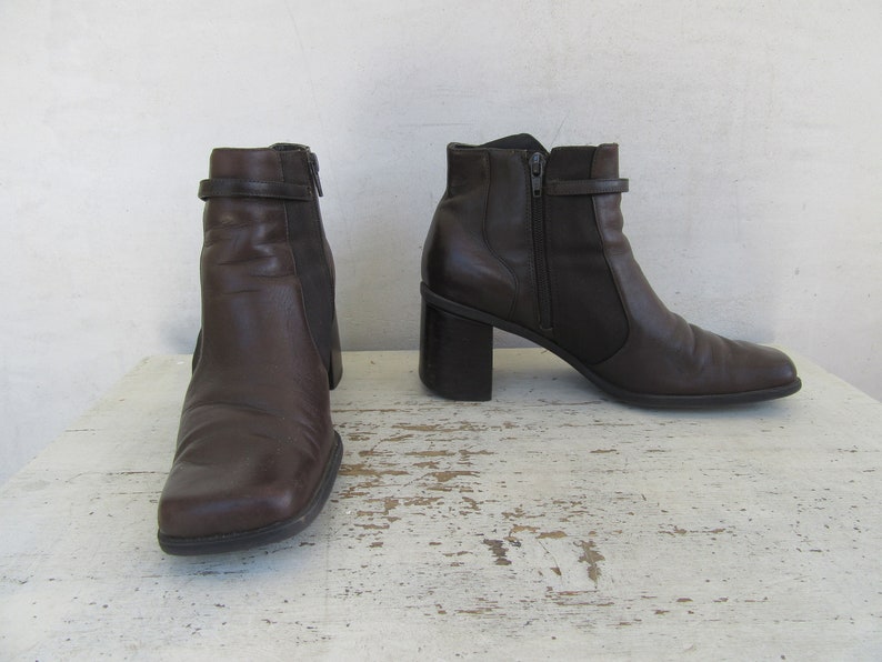 90s Square Heel Dark Brown Leather Boots Minimal Brown Leather Ankle Boots 8.5 EURO 39 1990s Minimalist Block Heel Square Toe Boots