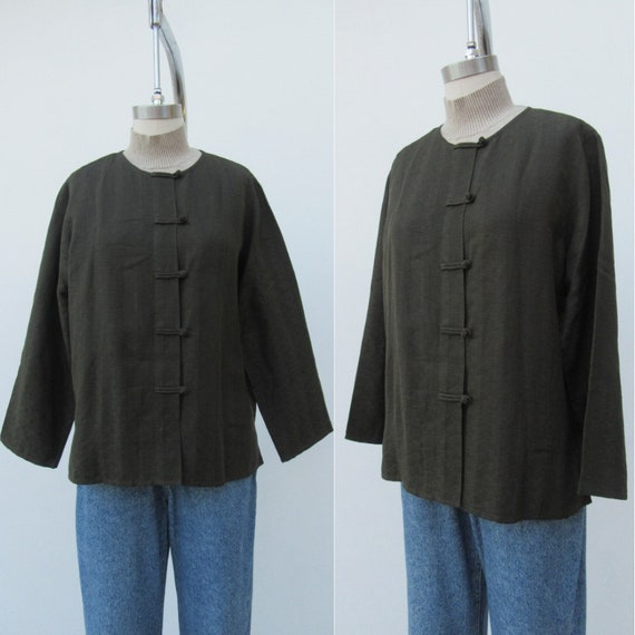 90s Dark Olive Green Silk Linen Blend Duster | Che