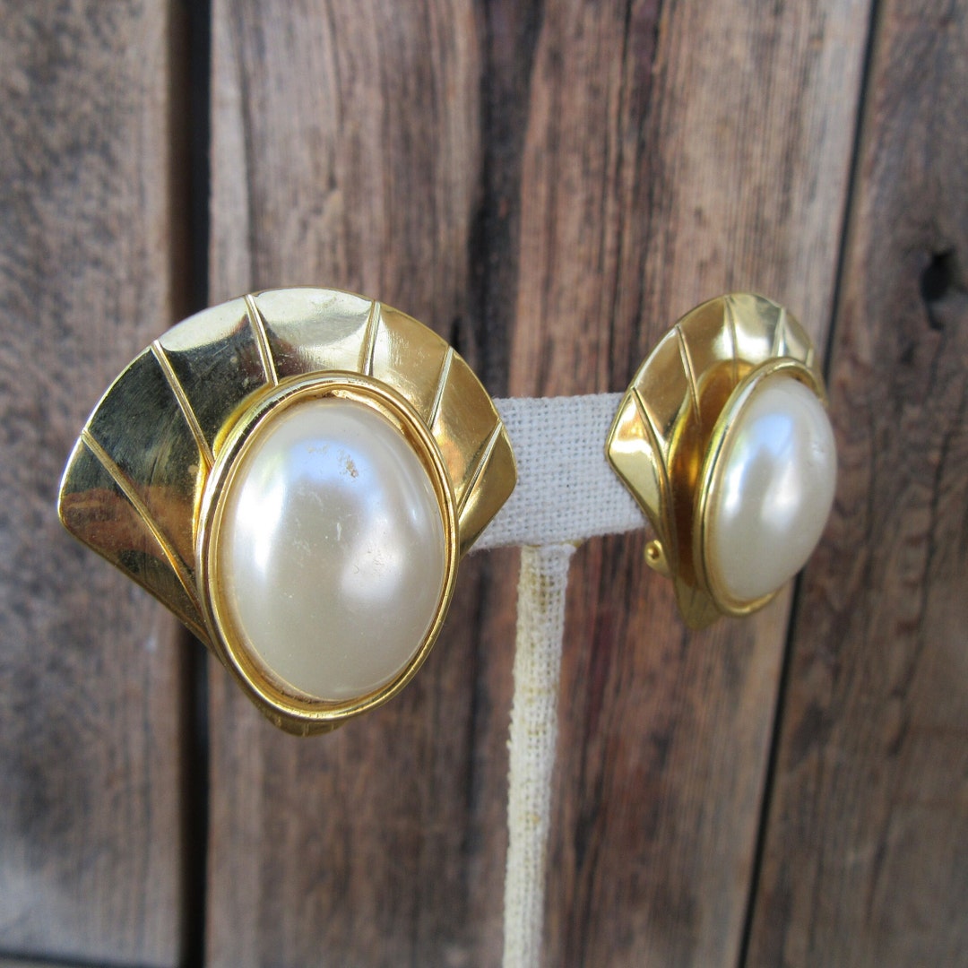 90s Clip Earrings Art Deco Style Pearl Fan Unpierced Earrings Large