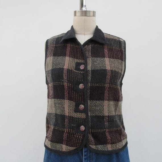 90s Plaid Corduroy Cottagecore Vest | Cabincore Meanswear Velour Waistcoat Waist Coat | Sleeveless Button Front | Button Down | Medium