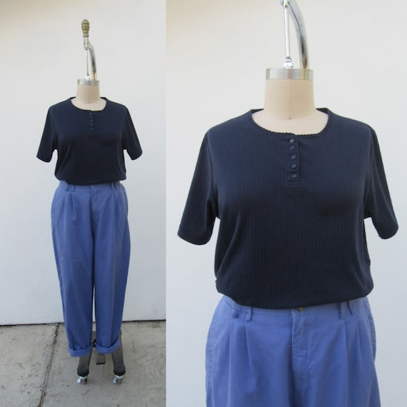 Plus Size 90s Navy Blue All Cotton Short Sleeve H… - image 1