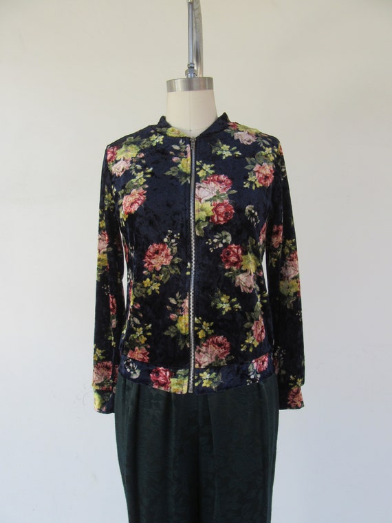 90s Crushed Velvet Floral Zip Front Jacket | Zip … - image 2