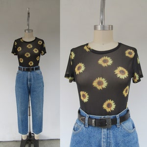 90s Semi Sheer Sunflower Black and Yellow Mesh Tee Shirt | Short Sleeve Floral Print Fitted Blouse Top | Grunge Cottagecore | S