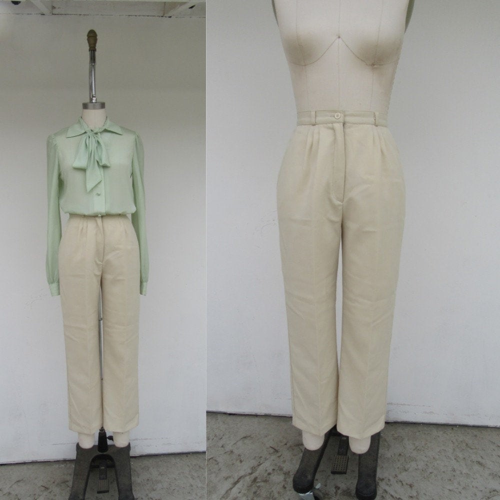 90's Vintage Linen Trousers  High Waist Pleated Dress Pants  Size Petite XS Small Waist 26-28