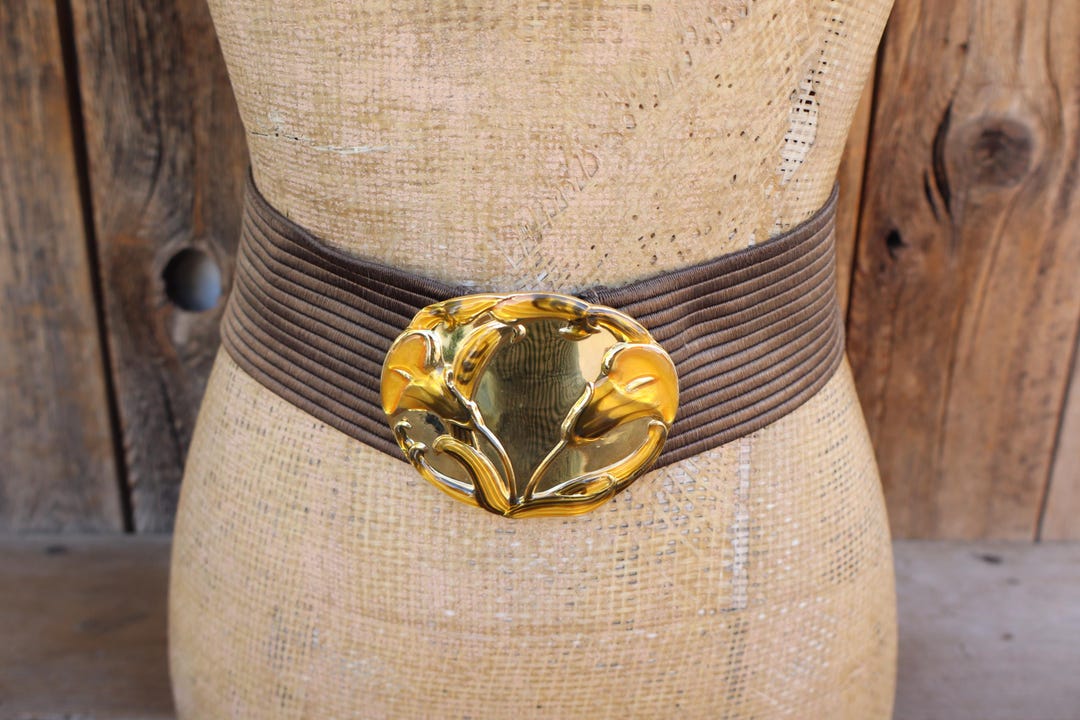 Elastic Floral Waist Belt - Tan Allegra K Womens Elastic Wide Waist Belts Floral Metal  main image 3