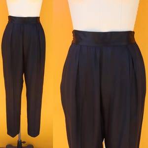 80s 90s Black Silky Satin Tapered Pleated Trousers | Cummerbund High Waist Tapered Officecore Easy Pants |  28 to 35 Waist