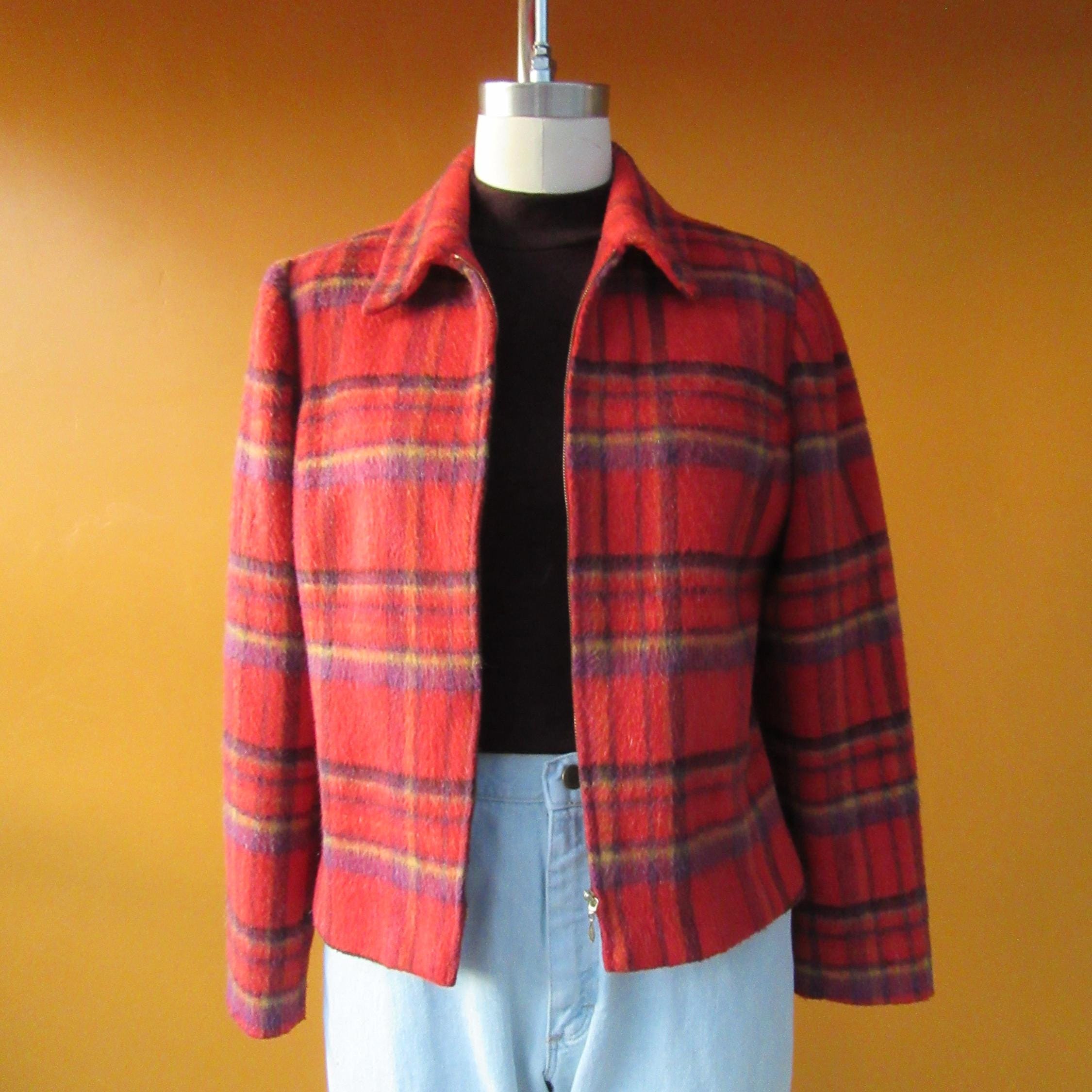 90s Plaid Cropped Zip Front Wool Blend Blazer | Checkered