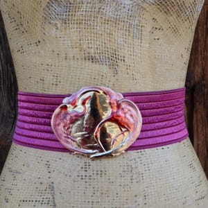 80s Charmant Magenta Waist Belt | Fuchsia Stretch Pink Cinch Belt | Crane Enamel Gold Tone Buckle Wide Elastic Stretch Belt | 24 to 28