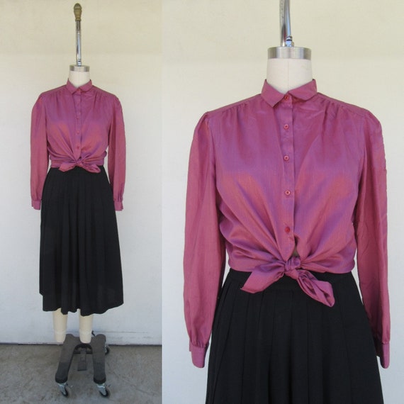 80s 90s Silky Dusty Rose Puff Sleeve Button Front… - image 1