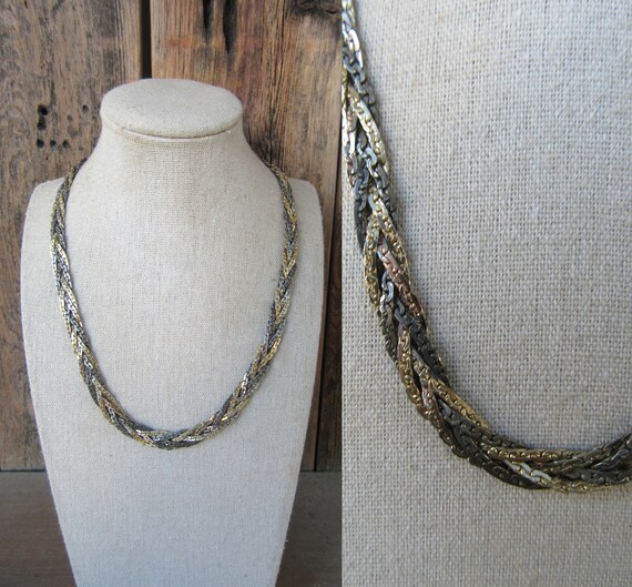 90s Gold and Silver Tone Braided Chain Necklace |… - image 1