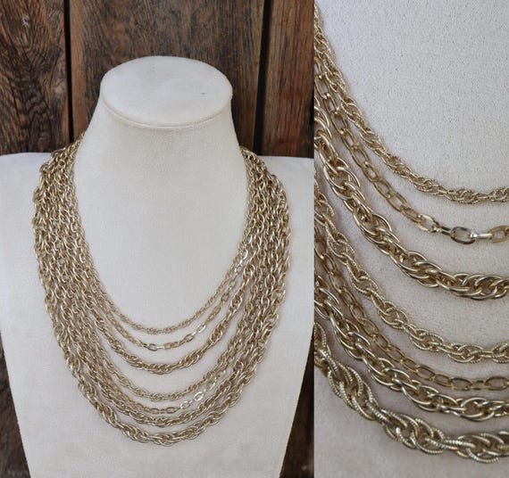 70s Light Gold Multi Layer Chunky Chain Statement… - image 1