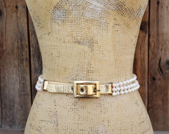 90s Gold Tone Bejeweled Chain Belt | Metal Waist Belt 