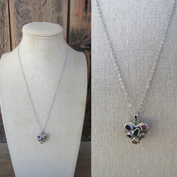 90s Bejeweled Heart Pendant | Puff Heart Necklace | Dainty Silver Chain Rhinestone Heart Necklace