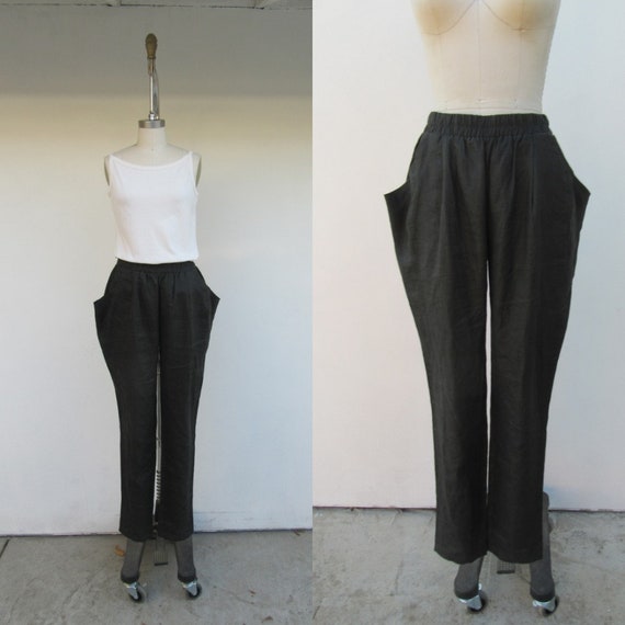 90s Linen Easy Pants | Olive Green Bulging Pocket