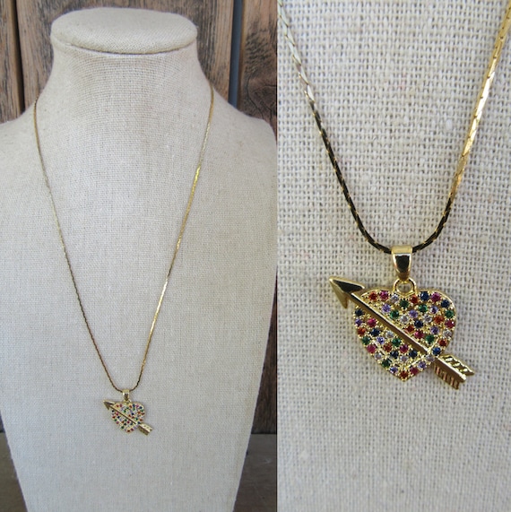 90s Bejeweled Heart Pendant | Dainty Gold Chain Rh